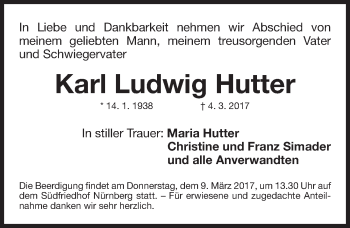Traueranzeige von Karl Ludwig Hutter von Gesamtausgabe Nürnberger Nachrichten/ Nürnberger Ztg.