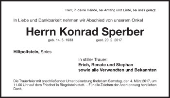 Traueranzeige von Konrad Sperber von Nordbayerische Nachrichten Pegnitz Lokal