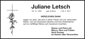 Traueranzeige von Juliane Letsch von Erlanger Nachrichten Lokal