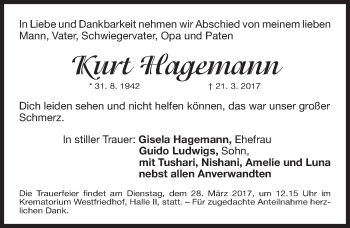 Traueranzeige von Kurt Hagemann von Gesamtausgabe Nürnberger Nachrichten/ Nürnberger Ztg.