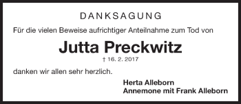 Traueranzeige von Jutta Preckwitz von Gesamtausgabe Nürnberger Nachrichten/ Nürnberger Ztg.