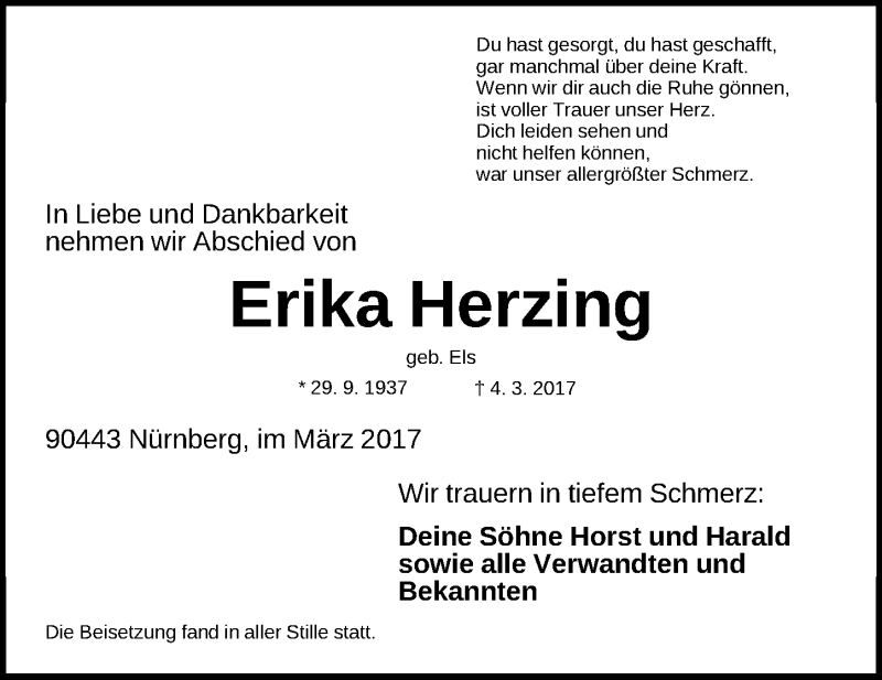  Traueranzeige für Erika Herzing vom 15.03.2017 aus Gesamtausgabe Nürnberger Nachrichten/ Nürnberger Ztg.