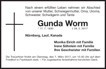 Traueranzeige von Gunda Worm von Gesamtausgabe Nürnberger Nachrichten/ Nürnberger Ztg.