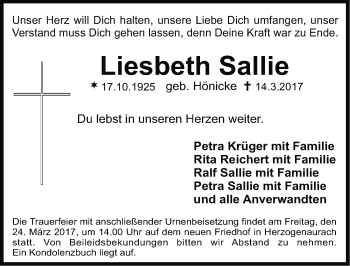 Traueranzeige von Liesbeth Sallie von Nordbayerische Nachrichten Herzogenaurach Lokal