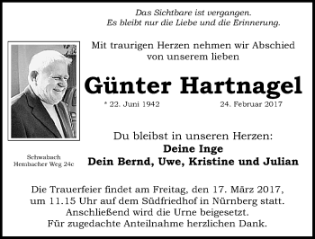 Traueranzeige von Günter Hartnagel von Gesamtausgabe Nürnberger Nachrichten/ Nürnberger Ztg.