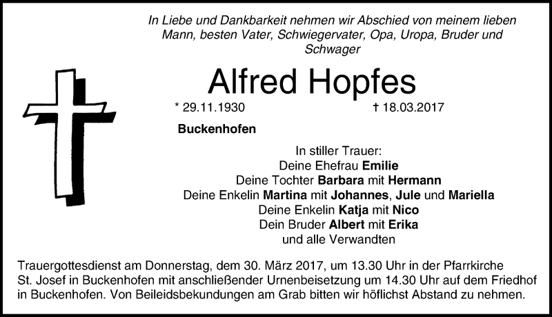  Traueranzeige für Alfred Hopfes vom 25.03.2017 aus Nordbayerische Nachrichten Forchheim Lokal
