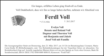 Traueranzeige von Ferdl Voll von Erlanger Nachrichten Lokal