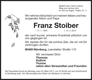 Traueranzeige von Franz Stoiber von Gesamtausgabe Nürnberger Nachrichten/ Nürnberger Ztg.