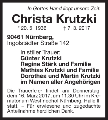 Traueranzeige von Christa Krutzki von Gesamtausgabe Nürnberger Nachrichten/ Nürnberger Ztg.