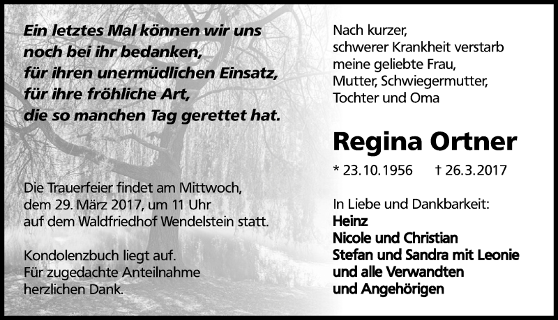  Traueranzeige für Regina Ortner vom 28.03.2017 aus Schwabach