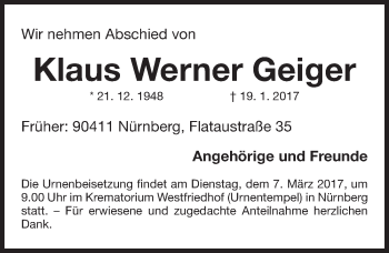 Traueranzeige von Klaus Geiger von Gesamtausgabe Nürnberger Nachrichten/ Nürnberger Ztg.