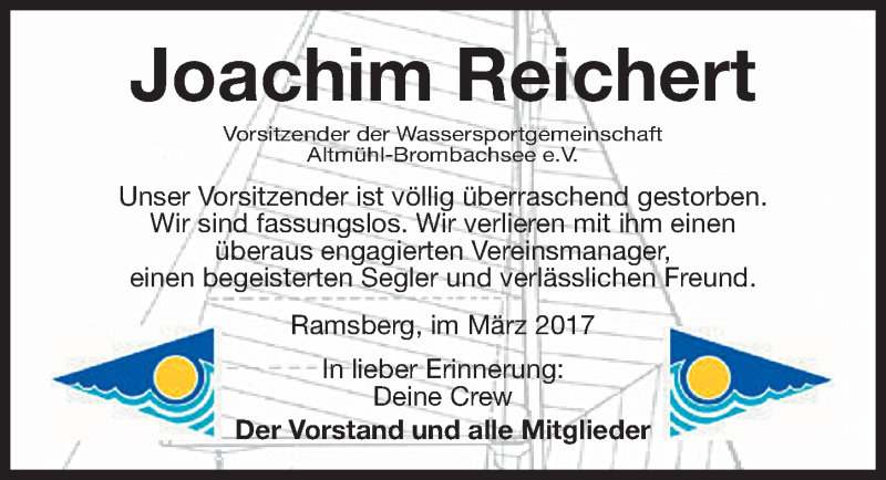  Traueranzeige für Joachim Reichert vom 18.03.2017 aus Gesamtausgabe Nürnberger Nachrichten/ Nürnberger Ztg.