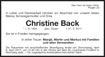 Traueranzeige von Christine Back von Gesamtausgabe Nürnberger Nachrichten/ Nürnberger Ztg.