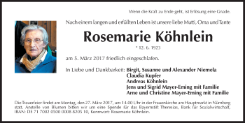 Traueranzeige von Rosemarie Köhnlein von Gesamtausgabe Nürnberger Nachrichten/ Nürnberger Ztg.