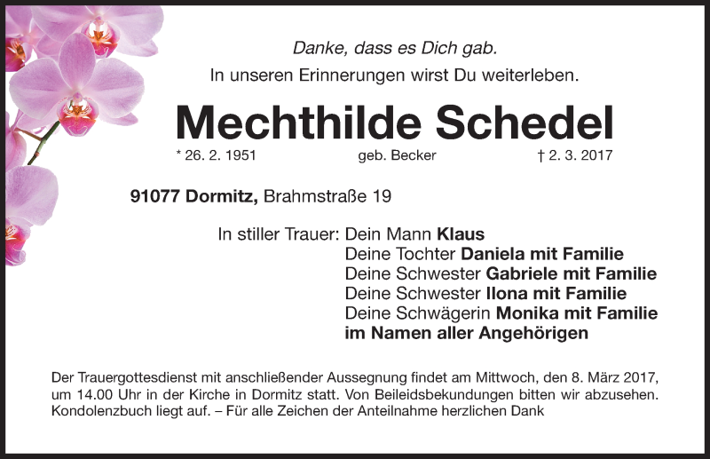  Traueranzeige für Mechthilde Schedel vom 06.03.2017 aus Erlanger Nachrichten Lokal