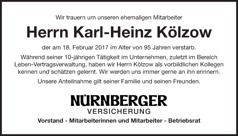  Traueranzeige für Karl-Heinz Kölzow vom 22.03.2017 aus Gesamtausgabe Nürnberger Nachrichten/ Nürnberger Ztg.