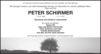 Traueranzeige von Peter Schirmer von Gesamtausgabe Nürnberger Nachrichten/ Nürnberger Ztg.