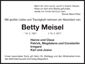 Traueranzeige von Betty Meisel von Gesamtausgabe Nürnberger Nachrichten/ Nürnberger Ztg.