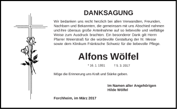 Traueranzeige von Alfons Wölfel von Nordbayerische Nachrichten Forchheim Lokal