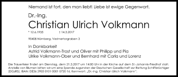 Traueranzeige von Christian Ulrich Volkmann von Gesamtausgabe Nürnberger Nachrichten/ Nürnberger Ztg.