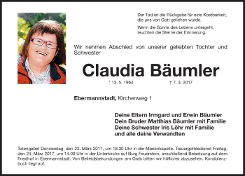Traueranzeige von Claudia Bäumler von Nordbayerische Nachrichten Forchheim Lokal