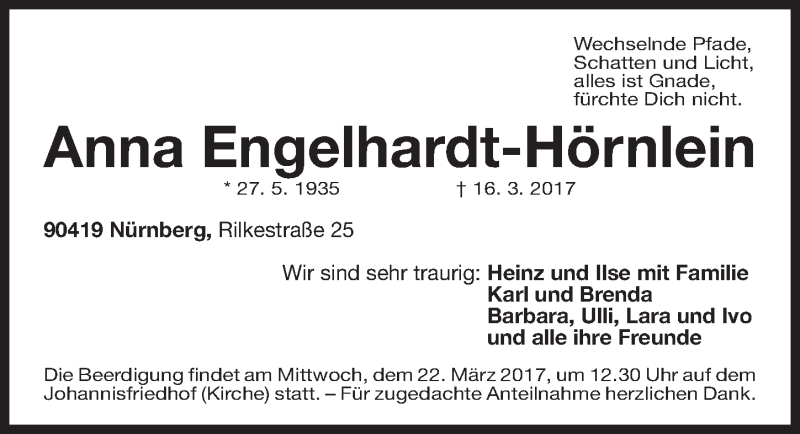  Traueranzeige für Anna Engelhardt-Hörnlein vom 18.03.2017 aus Gesamtausgabe Nürnberger Nachrichten/ Nürnberger Ztg.