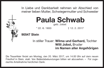 Traueranzeige von Paula Schwab von Gesamtausgabe Nürnberger Nachrichten/ Nürnberger Ztg.