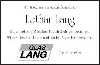 Traueranzeige von Lothar Lang von Gesamtausgabe Nürnberger Nachrichten/ Nürnberger Ztg.