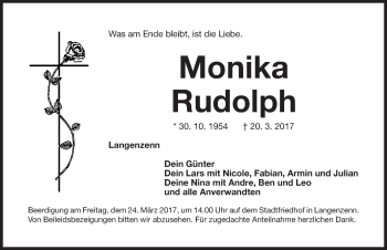 Traueranzeige von Monika Rudolph von Gesamtausgabe Nürnberger Nachrichten/ Nürnberger Ztg.