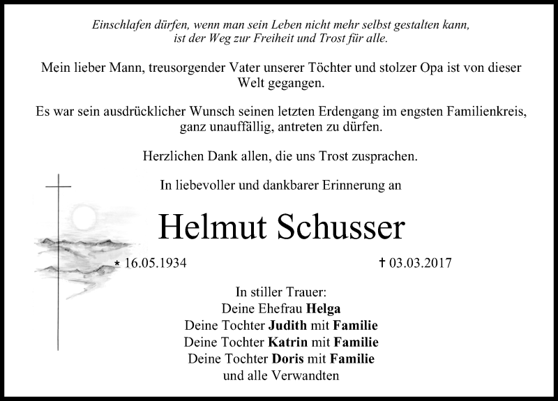  Traueranzeige für Helmut Schusser vom 01.04.2017 aus Nordbayerische Nachrichten Forchheim Lokal