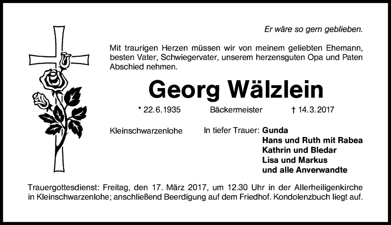  Traueranzeige für Georg Wälzlein vom 16.03.2017 aus Schwabach