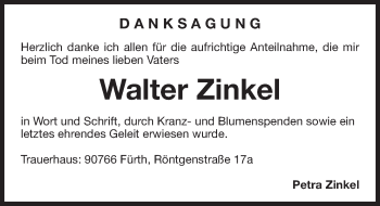Traueranzeige von Walter Zinkel von Fürther Nachrichten Lokal
