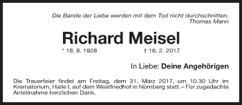 Traueranzeige von Richard Meisel von Gesamtausgabe Nürnberger Nachrichten/ Nürnberger Ztg.