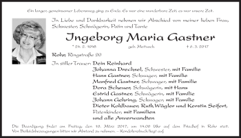 Traueranzeige von Ingeborg Maria Gastner von Gesamtausgabe Nürnberger Nachrichten/ Nürnberger Ztg.