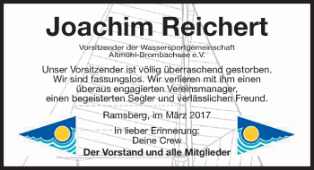 Traueranzeige von Joachim Reichert von Gesamtausgabe Nürnberger Nachrichten/ Nürnberger Ztg.