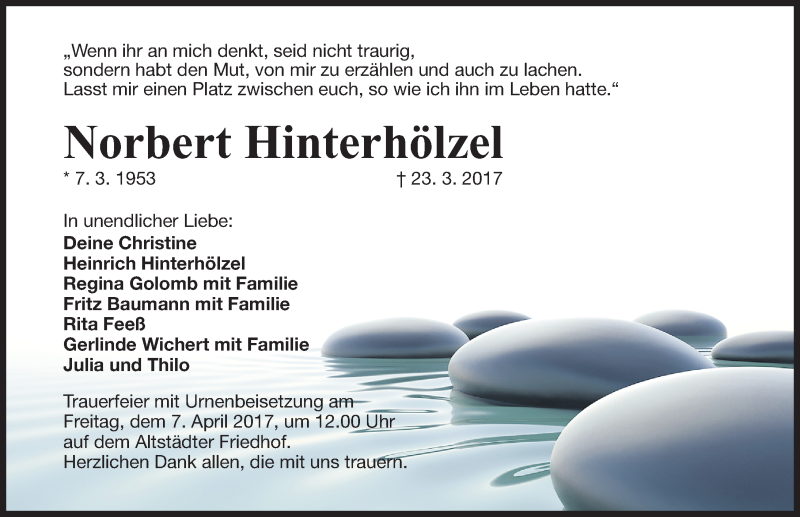  Traueranzeige für Norbert Hinterhölzel vom 01.04.2017 aus Erlanger Nachrichten Lokal