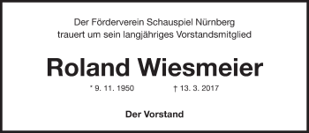 Traueranzeige von Roland Wiesmeier von Gesamtausgabe Nürnberger Nachrichten/ Nürnberger Ztg.