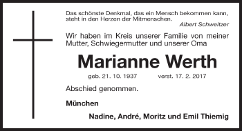 Traueranzeige von Marianne Werth von Gesamtausgabe Nürnberger Nachrichten/ Nürnberger Ztg.