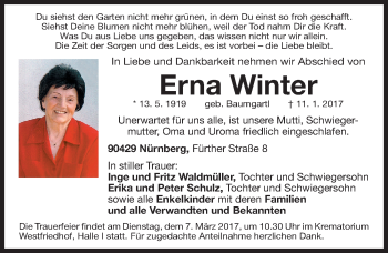 Traueranzeige von Erna Winter von Gesamtausgabe Nürnberger Nachrichten/ Nürnberger Ztg.