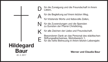 Traueranzeige von Hildegard Baur von Fürther Nachrichten Lokal