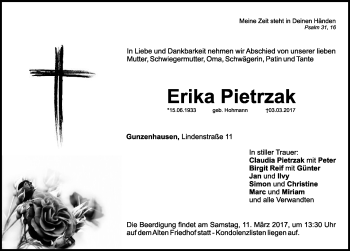 Traueranzeige von Erika Pietrzak von Altmühl-Bote Lokal