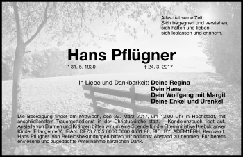 Traueranzeige von Hans Pflügner von Nordbayerische Nachrichten Herzogenaurach Lokal