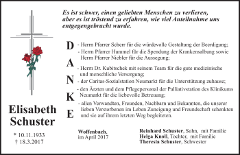 Traueranzeige von Elisabeth Schuster von Neumarkter Nachrichten Lokal