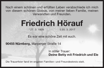 Traueranzeige von Friedrich Hörauf von Gesamtausgabe Nürnberger Nachrichten/ Nürnberger Ztg.