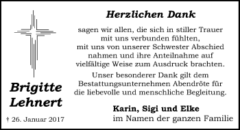 Traueranzeige von Brigitte Lehnert von Schwabach