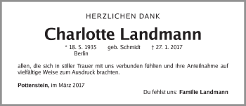Traueranzeige von Charlotte Landmann von Nordbayerische Nachrichten Pegnitz Lokal