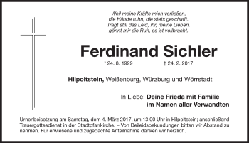 Traueranzeige von Ferdinand Sichler von Roth-Hilpoltsteiner Volkszeitung Lokal