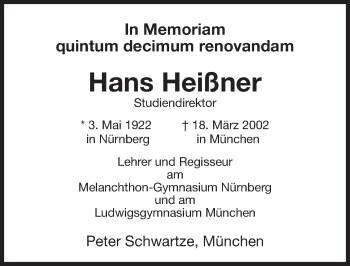 Traueranzeige von Hans Heißner von Gesamtausgabe Nürnberger Nachrichten/ Nürnberger Ztg.