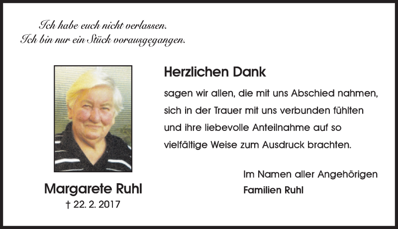  Traueranzeige für Margarete Ruhl vom 18.03.2017 aus Schwabach