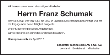Traueranzeige von Franz Schumak von Nordbayerische Nachrichten Herzogenaurach Lokal